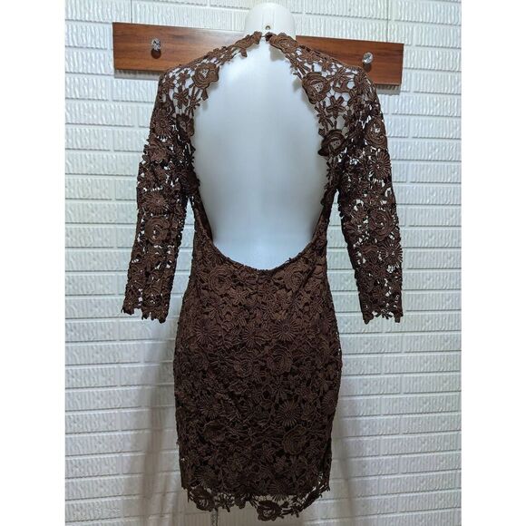 Just Me Women's Brown Floral Lace Embroidered Open Back Long-Sleeve Dress Size L - Picture 2 of 6